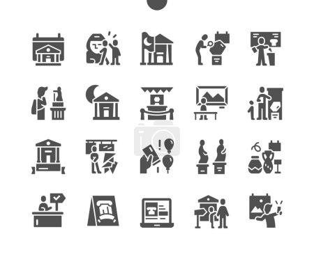 Illustration for International Museum Day 18 May. Picture, tours, installation. Open doors. Free entry. Calendar. Vector Solid Icons. Simple Pictogram - Royalty Free Image