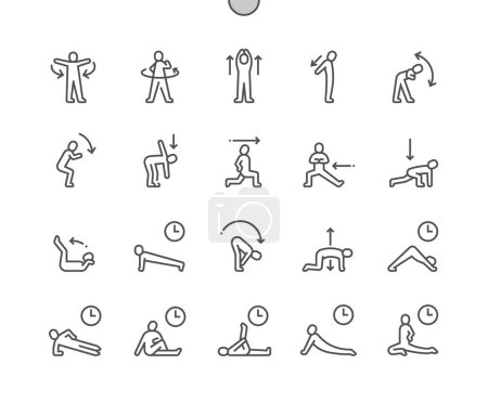 Illustration for Warmup and stretching exercise. Chest stretch. Low lunge twist. Side plank. Pigeon pose. Pixel Perfect Vector Thin Line Icons. Simple Minimal Pictogram - Royalty Free Image