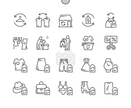 Illustration for Second hand clothes store. Reusable thrifting wear. Skirt, pants, dress, watch, hat, bag, underwear, shoes. Pixel Perfect Vector Thin Line Icons. Simple Minimal Pictogram - Royalty Free Image