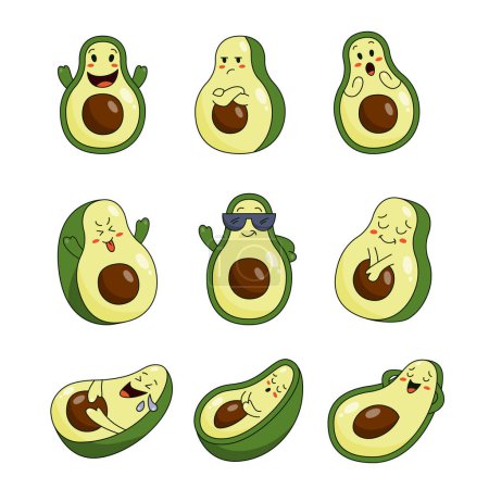 Illustration for Avocado cute cartoon character. Fruit funny different poses.Vector drawing. Collection of design elements. - Royalty Free Image