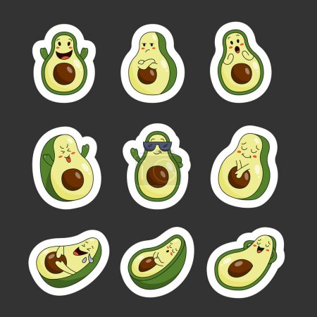 Illustration for Avocado cute cartoon character. Sticker Bookmark. Fruit funny different poses.Vector drawing. Collection of design elements. - Royalty Free Image