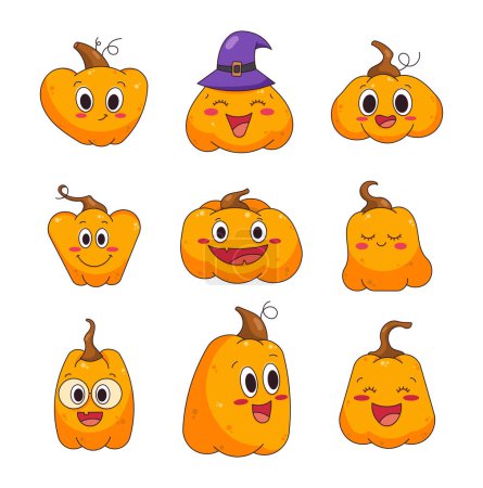 Illustration for Pumpkin character cartoon. Beautiful cute vegetable. Halloween holiday. Vector drawing. Collection of design elements. - Royalty Free Image