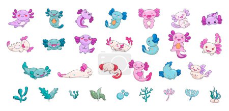 Illustration for Axolotl cute kawaii character. Underwater plants and algae. Vector illustration. Collection design elements. - Royalty Free Image