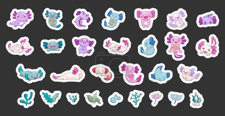 Illustration for Axolotl cute kawaii character. Underwater plants and algae. Sticker Bookmark. Vector illustration. Collection design elements. - Royalty Free Image