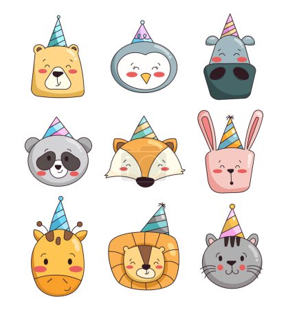 Illustration for Cute animal character. Holiday birthday cap. Vector drawing. Collection of design elements. - Royalty Free Image
