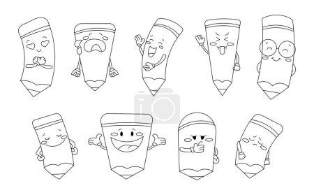 Illustration for Pencil character cartoon. Coloring Page. Different emotions school subject. Vector drawing. Collection of design elements. - Royalty Free Image
