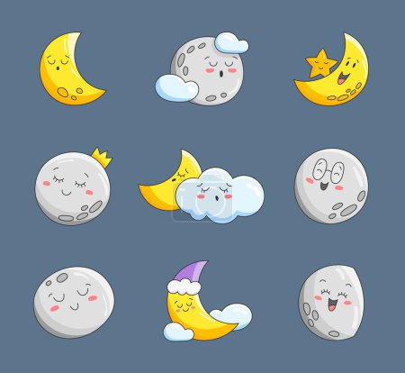 Ilustración de Luna lindo personaje kawaii. Espacio de sueño cielo nocturno. Dibujo vectorial. Colección de elementos de diseño. - Imagen libre de derechos