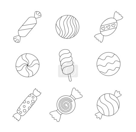 Illustration for Sweet candies. Coloring Page. Lollipop, sugar caramel in wrapper, gums, striped bonbons and bubblegums. Vector drawing. Collection of design elements. - Royalty Free Image