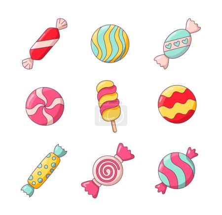 Illustration for Sweet candies. Lollipop, sugar caramel in wrapper, gums, striped bonbons and bubblegums. Vector drawing. Collection of design elements. - Royalty Free Image