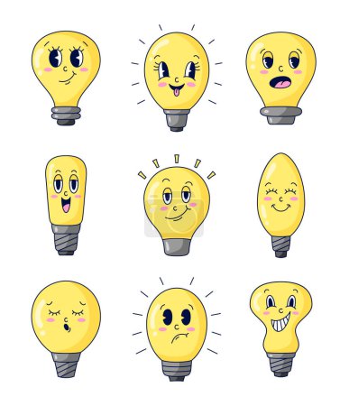 Illustration for Cute cartoon characters of yellow light bulb. Hand drawn style. Vector drawing. Collection of design elements. - Royalty Free Image