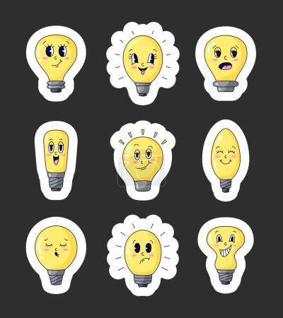 Illustration for Cute cartoon characters of yellow light bulb. Sticker Bookmark. Hand drawn style. Vector drawing. Collection of design elements. - Royalty Free Image