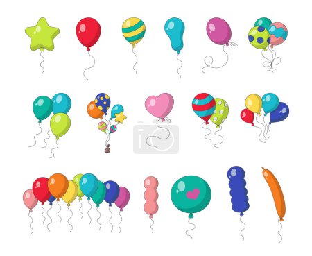 Illustration for Balloons of different sizes and shapes. Bright and festive decorations. Vector drawing. Collection of design elements. - Royalty Free Image