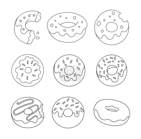 Illustration for Glazed donuts with sprinkles. Coloring Page. Sweet sugar bakery. Hand drawn style. Vector drawing. Collection of design elements. - Royalty Free Image