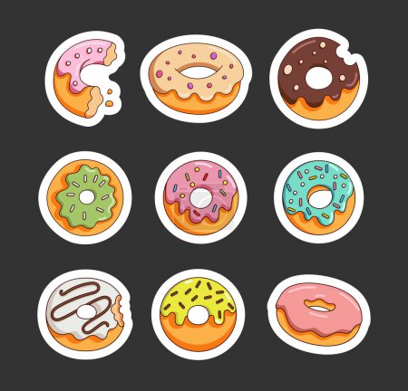 Illustration for Glazed donuts with sprinkles. Sticker Bookmark. Sweet sugar bakery. Hand drawn style. Vector drawing. Collection of design elements. - Royalty Free Image