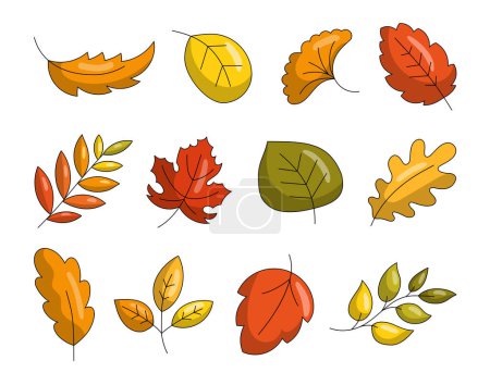 Illustration for Colorful cartoon autumn leaves. Hand drawn style. Botanical. Vector drawing. Collection of design elements. - Royalty Free Image
