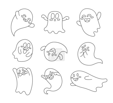 Illustration for Funny happy ghosts. Coloring Page. Flying phantoms. Halloween scary monsters. Cute cartoon spooky characters. Vector drawing. Collection of design elements. - Royalty Free Image