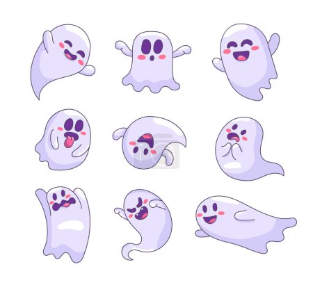 Illustration for Funny happy ghosts. Flying phantoms. Halloween scary monsters. Cute cartoon spooky characters. Vector drawing. Collection of design elements. - Royalty Free Image