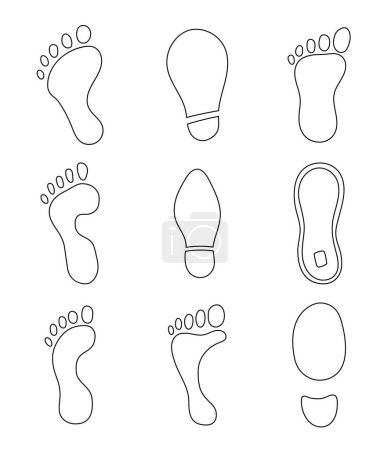 Illustration for Different human footprints. Coloring Page. Shoe tread imprint. Hand style. Vector drawing. Collection of design elements. - Royalty Free Image