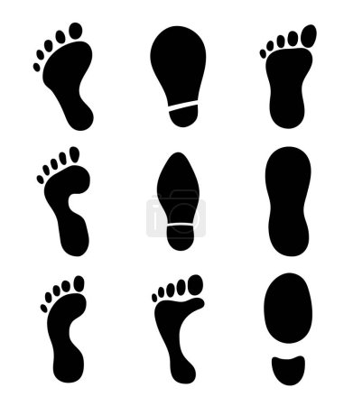 Illustration for Different human footprints. Silhouette image. Shoe tread imprint. Hand style. Vector drawing. Collection of design elements. - Royalty Free Image