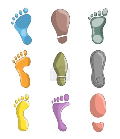Illustration for Different human footprints. Shoe tread imprint. Hand style. Vector drawing. Collection of design elements. - Royalty Free Image