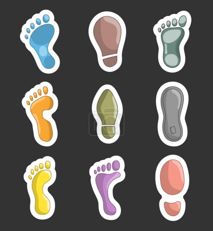 Illustration for Different human footprints. Sticker Bookmark. Shoe tread imprint. Hand style. Vector drawing. Collection of design elements. - Royalty Free Image