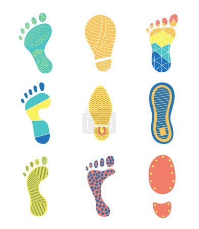 Illustration for Different human footprints. Shoe tread imprint. Hand style. Vector drawing. Collection of design elements. - Royalty Free Image