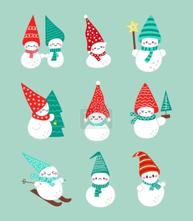 Illustration for Cute Christmas snowman. Cheerful character in different scarves and hats. Vector drawing. Collection of design elements. - Royalty Free Image