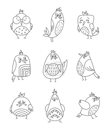 Illustration for Cute cartoon birds. Coloring Page. Hand drawn style. Funny comic character. Vector drawing. Collection of design elements. - Royalty Free Image