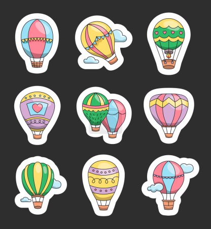 Illustration for Hot air balloon. Sticker Bookmark. Transport for travel. Hand drawn style. Vector drawing. Collection of design elements. - Royalty Free Image