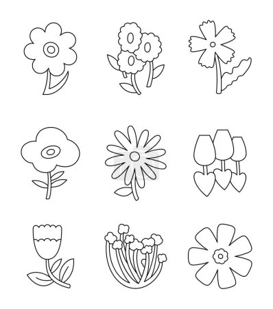 Illustration for Decorative cute flowers. Coloring Page. Simple forms. Vector drawing. Collection of design elements. - Royalty Free Image