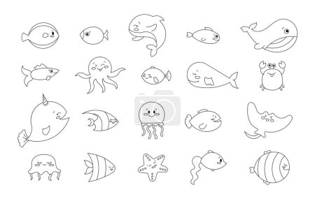 Illustration for Cartoon aquatic animals. Coloring Page. Fish characters underwater world. Marine life. Vector drawing. Collection of design elements. - Royalty Free Image