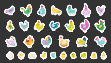 Illustration for Hen rooster and chick. Sticker Bookmark. Cute chicken farm characters. Vector drawing. Collection of design elements. - Royalty Free Image