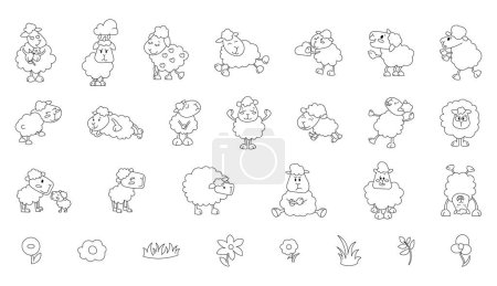 Illustration for Sheep character cartoon. Coloring Page. Cute farm animal. Flower, grass, plant. Vector drawing. Collection of design elements. - Royalty Free Image