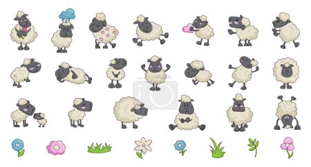 Illustration for Sheep character cartoon. Cute farm animal. Flower, grass, plant. Vector drawing. Collection of design elements. - Royalty Free Image
