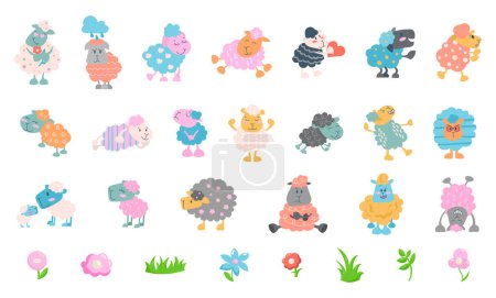 Illustration for Sheep character cartoon. Cute farm animal. Flower, grass, plant. Vector drawing. Collection of design elements. - Royalty Free Image