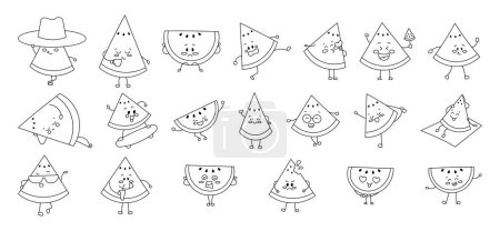 Illustration for Cute watermelon character. Coloring Page. Funny cartoon slice of tropical fruit. Summer time. Vector drawing. Collection of design elements. - Royalty Free Image