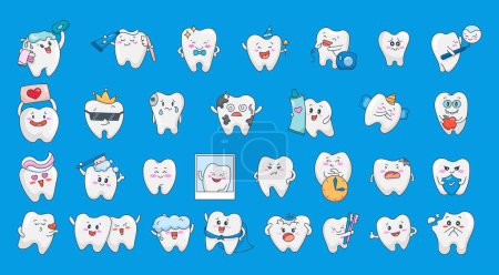 Illustration for Cute tooth character. Care and cleaning concept. Morning routine. Dentistry. Vector drawing. Collection of design elements. - Royalty Free Image