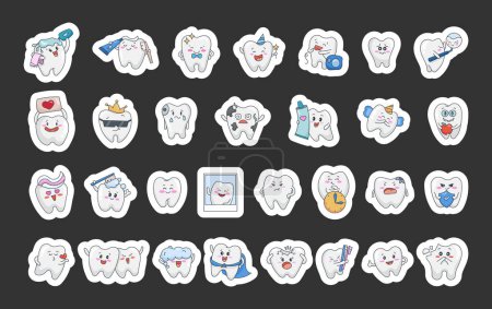 Illustration for Cute tooth character. Sticker Bookmark. Care and cleaning concept. Morning routine. Dentistry. Vector drawing. Collection of design elements. - Royalty Free Image