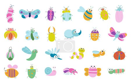 Ilustración de Lindos insectos personajes de dibujos animados. Animales pequeños graciosos. Dibujo vectorial. Colección de elementos de diseño. - Imagen libre de derechos