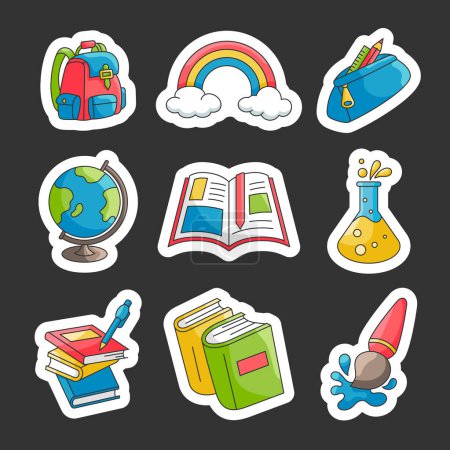 Illustration for Set of school supplies. Sticker Bookmark. Back to school. Stationery, books, brushes and others. Vector drawing. Collection of design elements. - Royalty Free Image