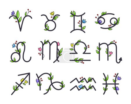 Illustration for Zodiac signs with leaves and flowers. Aesthetic astrological horoscope. Vector drawing. Collection of design elements. - Royalty Free Image