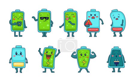 Illustration for Battery cartoon character. Full and low charge. Vector drawing. Collection of design elements. - Royalty Free Image