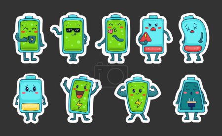 Illustration for Battery cartoon character. Sticker Bookmark. Full and low charge. Vector drawing. Collection of design elements. - Royalty Free Image