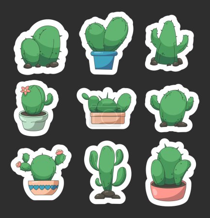 Illustration for Cactus flower plant. Sticker Bookmark. Cacti in a pot. Vector drawing. Collection of design elements. - Royalty Free Image
