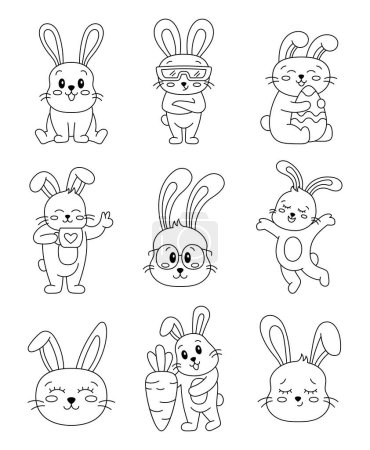 Illustration for Cute cartoon rabbits. Coloring Page. Funny bunny character. Vector drawing. Collection of design elements. - Royalty Free Image