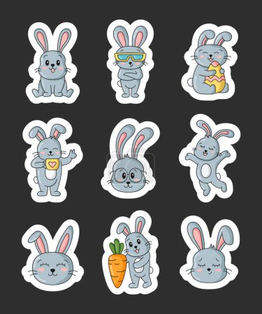 Illustration for Cute cartoon rabbits. Sticker Bookmark. Funny bunny character. Vector drawing. Collection of design elements. - Royalty Free Image