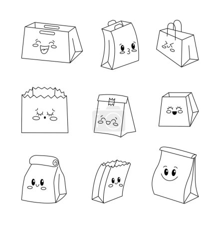 Illustration for Cute happy paper bag. Coloring Page. Funny food product box package. Cartoon shopping bags. Vector drawing. Collection of design elements. - Royalty Free Image