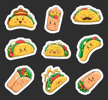 Illustration for Taco and burrito characters. Sticker Bookmark. Cute Mexican fast food. Vector drawing. Collection of design elements. - Royalty Free Image