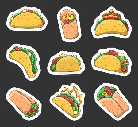 Illustration for Tasty taco and burrito. Sticker Bookmark. Mexican fast food. Vector drawing. Collection of design elements. - Royalty Free Image
