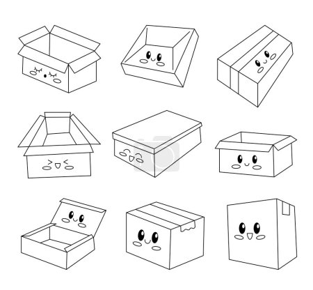 Illustration for Cute delivery box characters. Coloring Page. Shipping and packaging. Vector drawing. Collection of design elements. - Royalty Free Image
